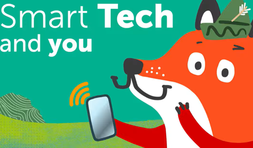 An illustration showing a fox wearing a Robin hood hat and holding a mobile phone next to a caption saying 'Smart Teach and you'