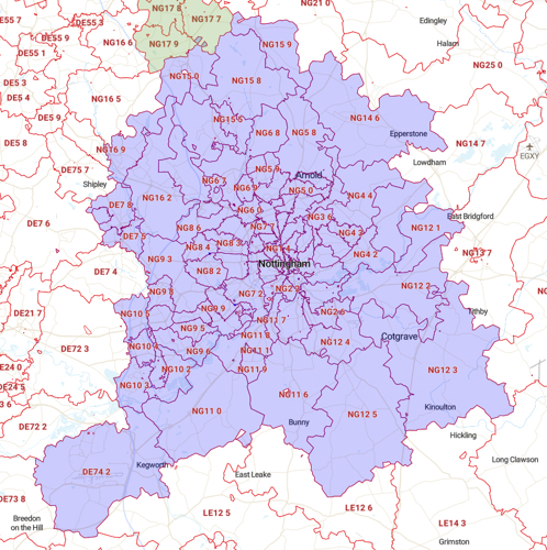 Map of Nottingham Service Area with Ashfield
